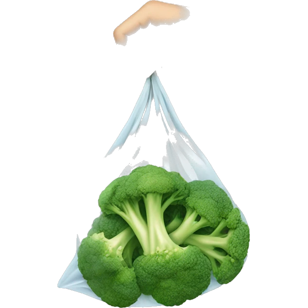 a hand holding a small see through bag wir chopped Broccoli inside emoji