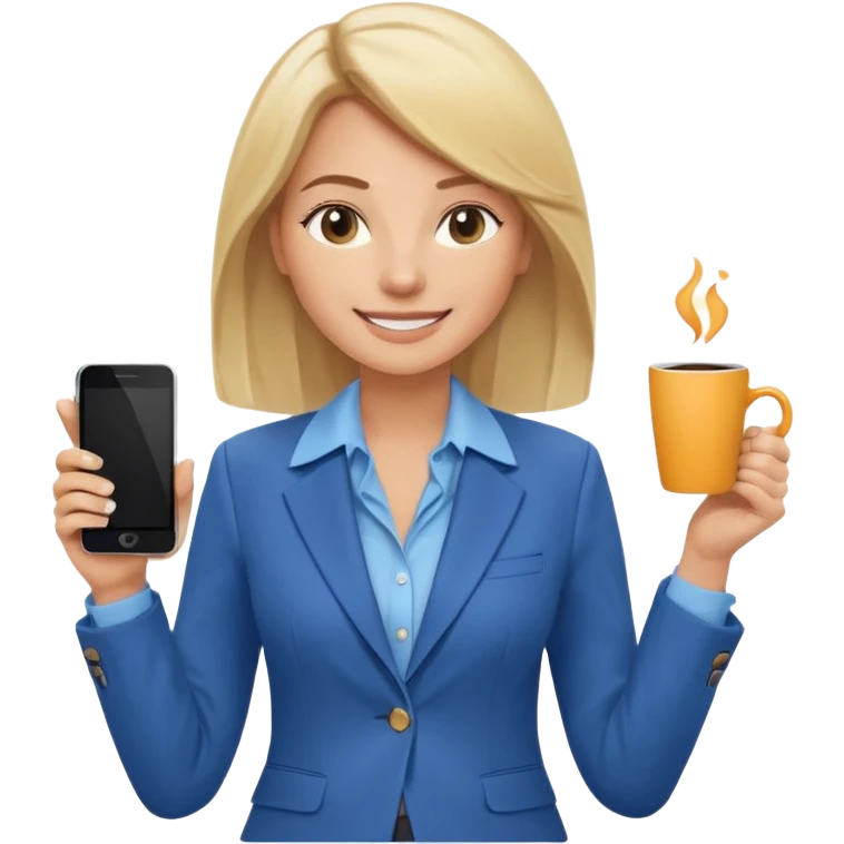 Confident and outgoing female entrepreneur, Caucasian features, shoulder-length blonde hair, big friendly smile, expressive eyes, wearing a blue blazer over a light blue blouse, holding a smartphone in one hand and a coffee cup in the other, waist-up, front-facing emoji