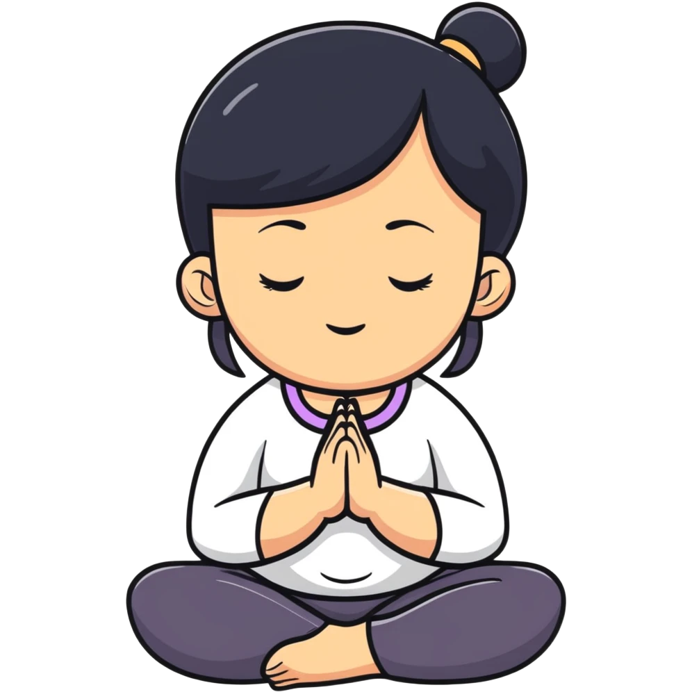 White girl with black hair in meditation pose, peaceful self care wellness moment emoji