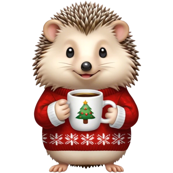 hedgehog wearing a Christmas sweater full body little arms, holding a coffee cup emoji