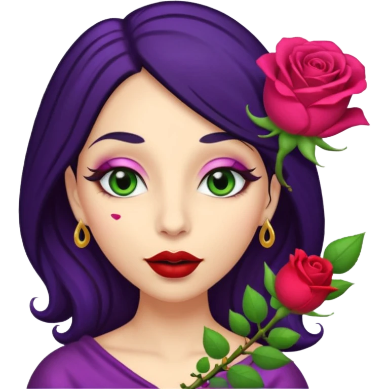 Big Puerto Rican colored dildo inside a women’s with blackish purple hair and Italian skin color with green almond shapes eyes, magical mouth with lips shapes  rose petal /bud emoji