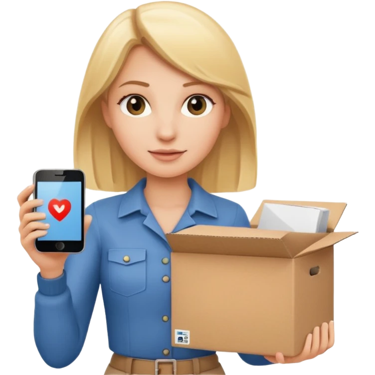 Une femme blonde un téléphone et un carton  emoji