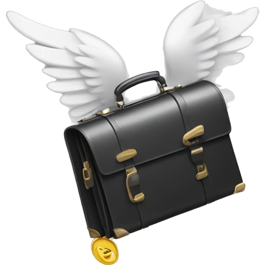 A playful winged briefcase with cartoon eyes, gliding upwards with dynamic motion lines, trailing glittering dollar signs emoji