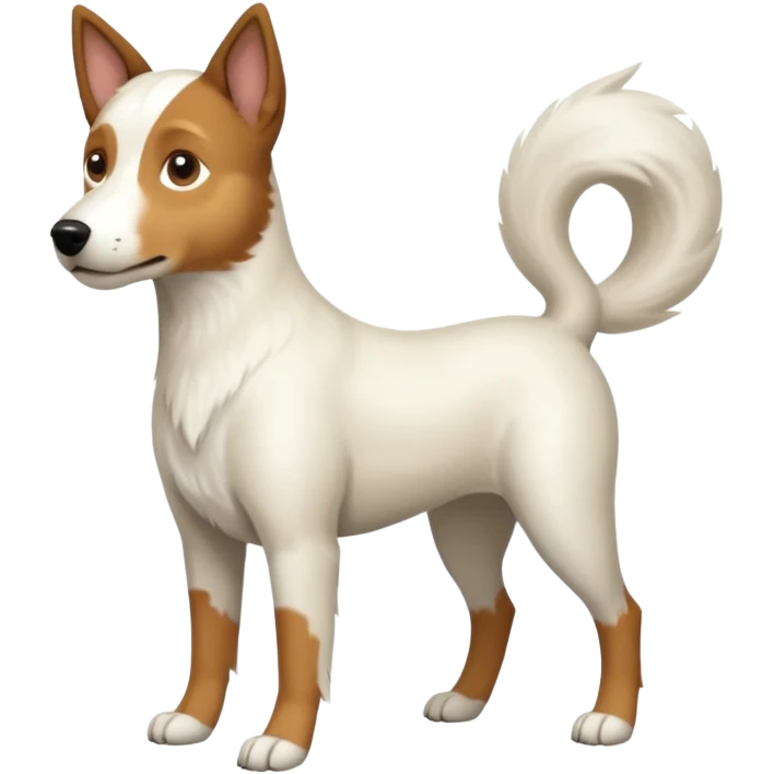 a full body white parsel russell looking dog the size of a kelpie with light brown ears and a light brown patch on one eye and a large snout emoji