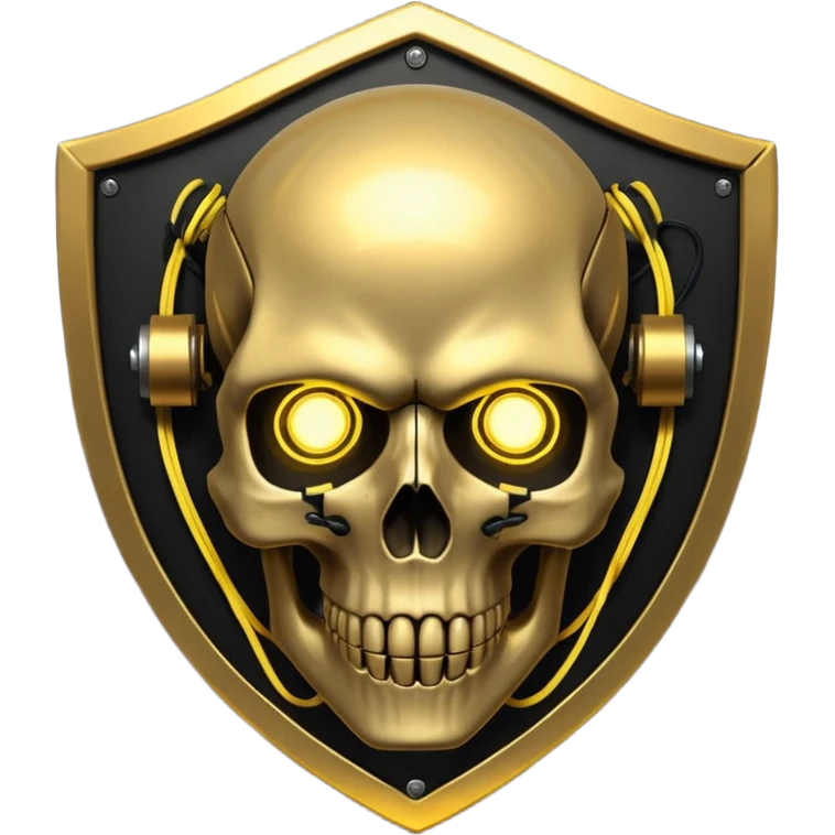 Cyberpunk shield, skull with cybernetic implants, glowing wires, dark electric gold and black tones, no background emoji