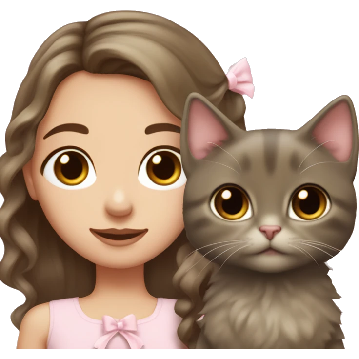 pale olive toned brunette girl with long brown wavy hair with brown eyes and wearing a light pink hair bow holding a black kitten also wearing a hair bow emoji