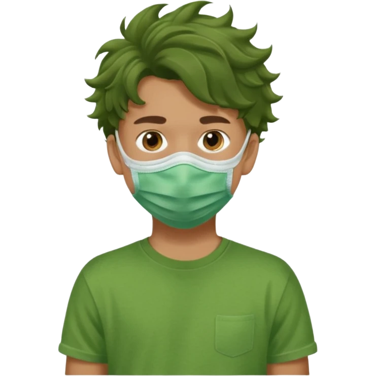 A teenage boy, tanned, wearing a green t-shirt , blue jeans and green sneakers with brown wavy tousled hair, , wearing a green cloth face mask emoji