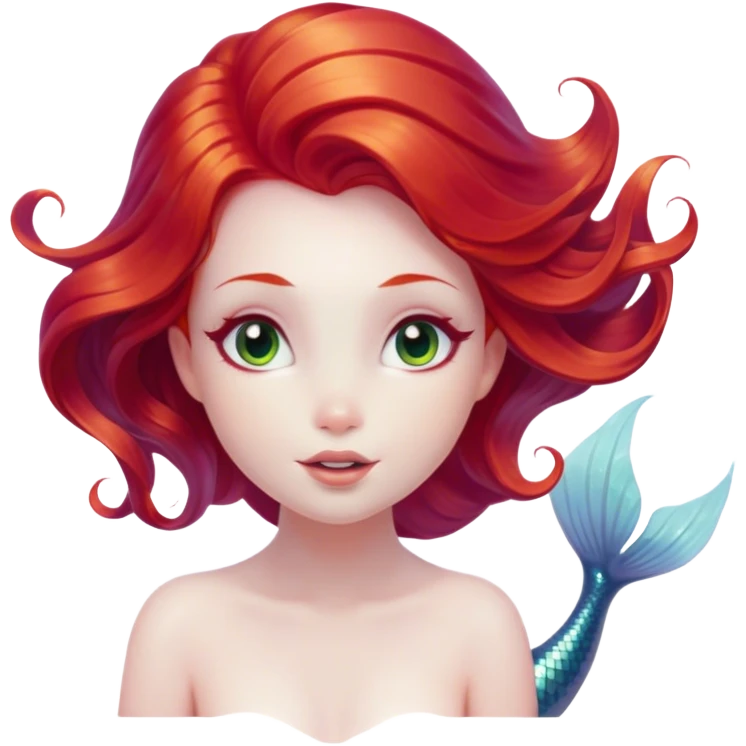 Cinematic Realistic Red Hair Mermaid Portrait, head tilted playfully and inquisitively, showcasing an ethereal form with finely detailed, flowing red hair against luminous porcelain skin. Her bright, curious eyes sparkle like hidden gems beneath the gentle caress of underwater light, rendered with lifelike clarity and warm, filtered illumination—capturing the essence of a spirited mermaid ready to splash playfully into your imagination. emoji
