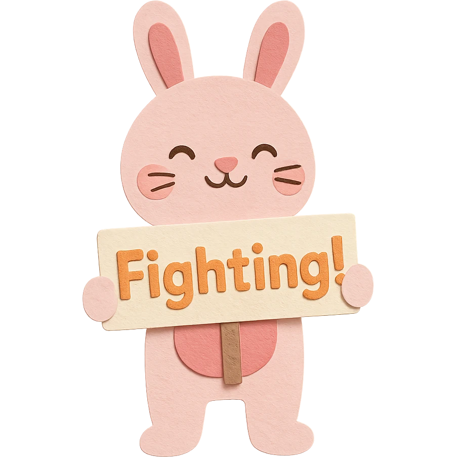 Make sure the paper-craft style full-body rosy bunny holding the 'Fighting!' signboard has smooth, uncracked hands. Keep the signboard and the rest of the design the same. emoji