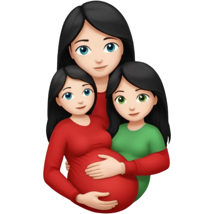 Make a couple emoji they are 18. The girl has long black hair and blue eyes and is hugging a pregnant boy with light brown hair and green eyes they are both wearing red top. They are both white  emoji