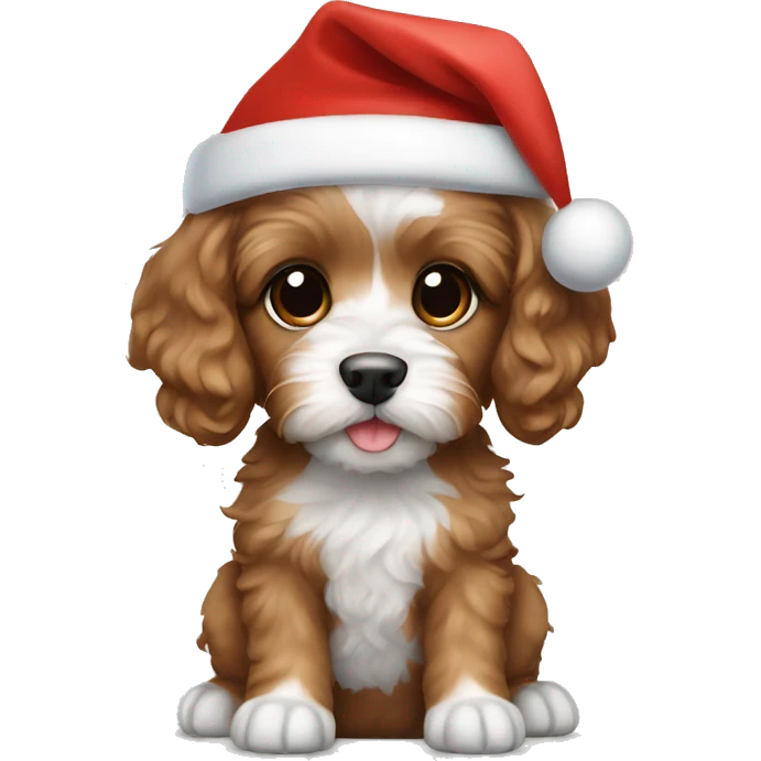 Cavoodle puppy light brown hair with a Santa hat on its head emoji