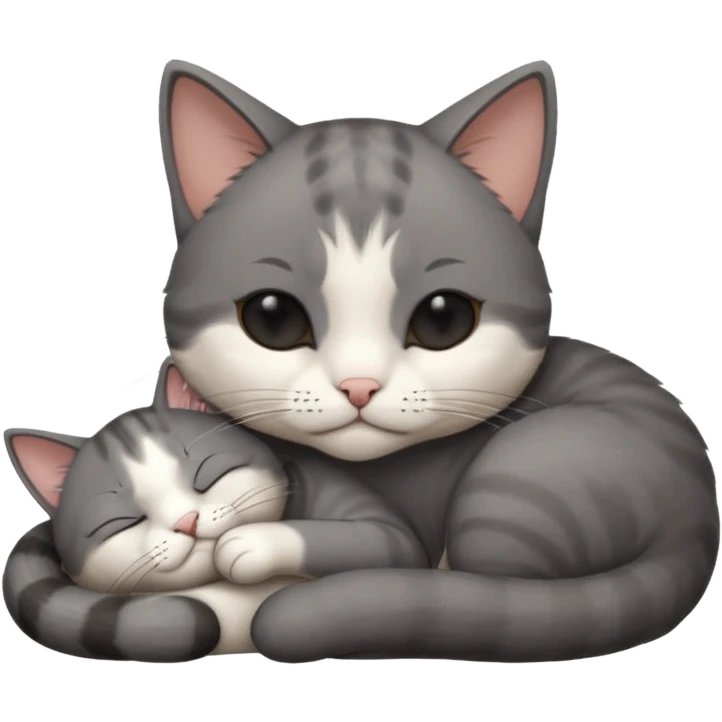 dark grey and white small cat with his eyes closed, leaning his head on his paw while leaning on his elbow lying down emoji