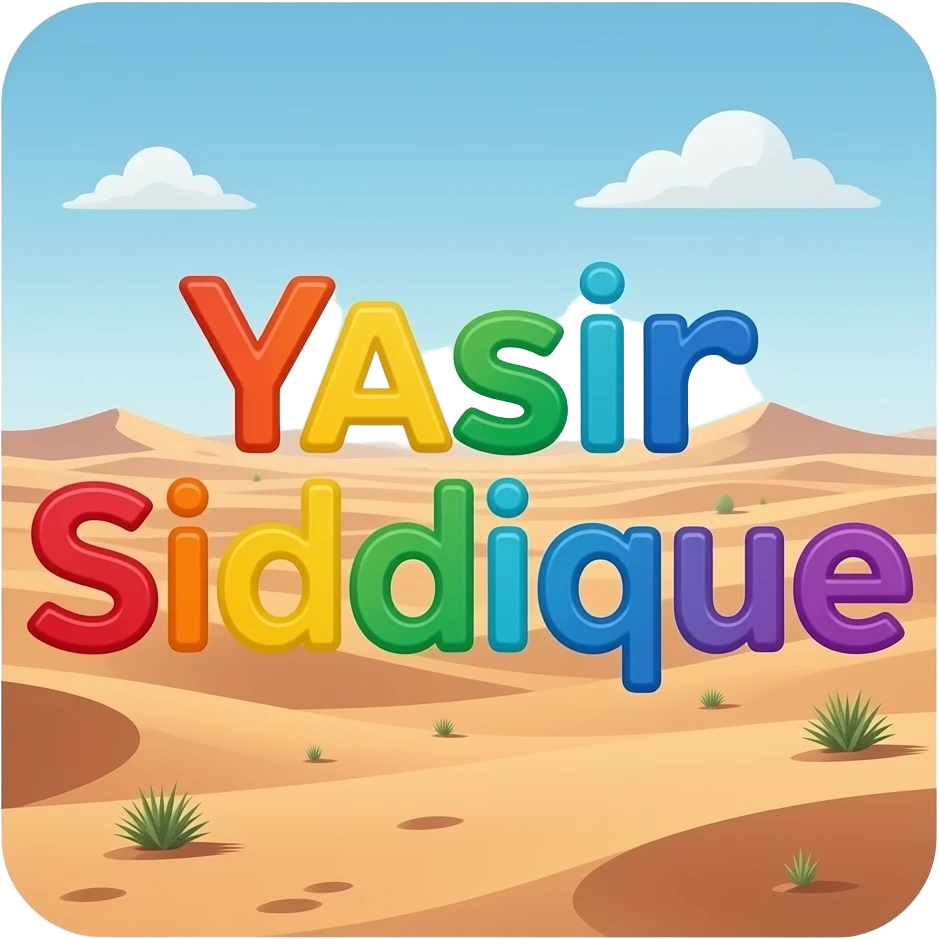a Picure of the rainbow colored letters of a name call Yasir Siddique backround is the desert emoji