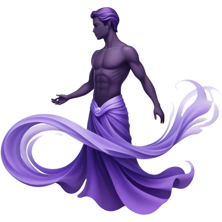 Masculine silhouette formed by subtle purple flowing energy waves with ethereal style elements floating around it, minimal fashion pieces surrounding the form emoji