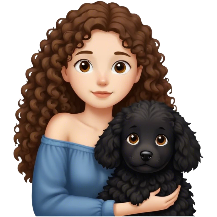 a girl with long brown curly hair and a black fluffy dog is lying on her left shoulder and neck emoji