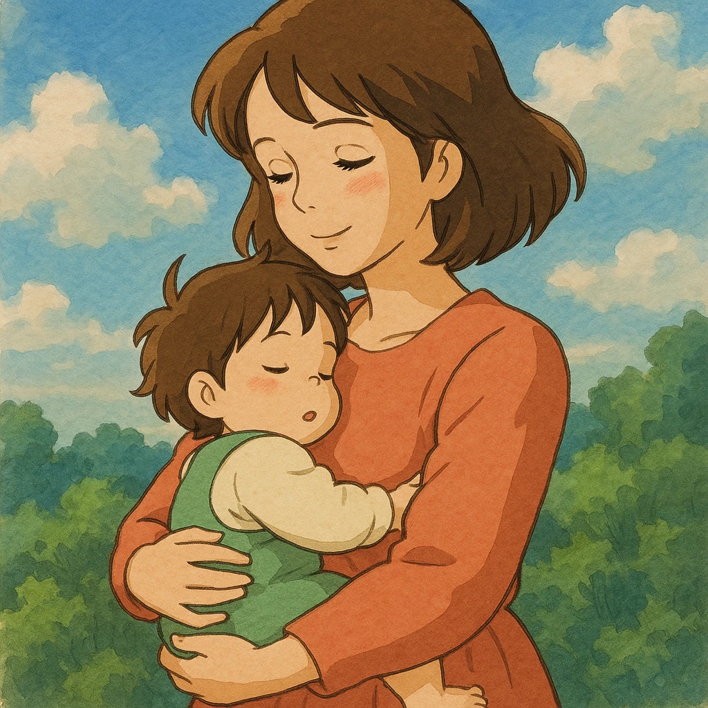 mother holding child, ghibli style illustration emoji