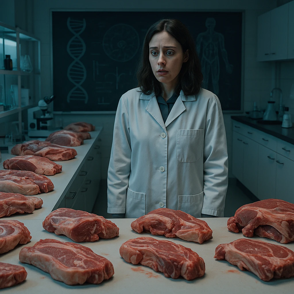 scientific laboratory with countertops full of ambiguous pork cuts, a woman looking at the meat with terrified gaze, background with a blackboard showing DNA and human anatomy drawings, bluish lighting, psychological atmosphere, 4K quality emoji