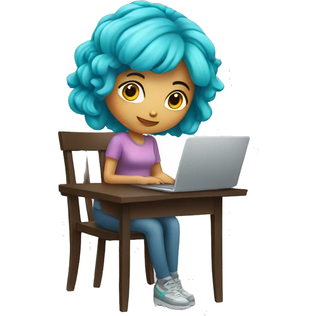 beautiful girl with cyan hairs sitting on a chair and working on a laptop emoji