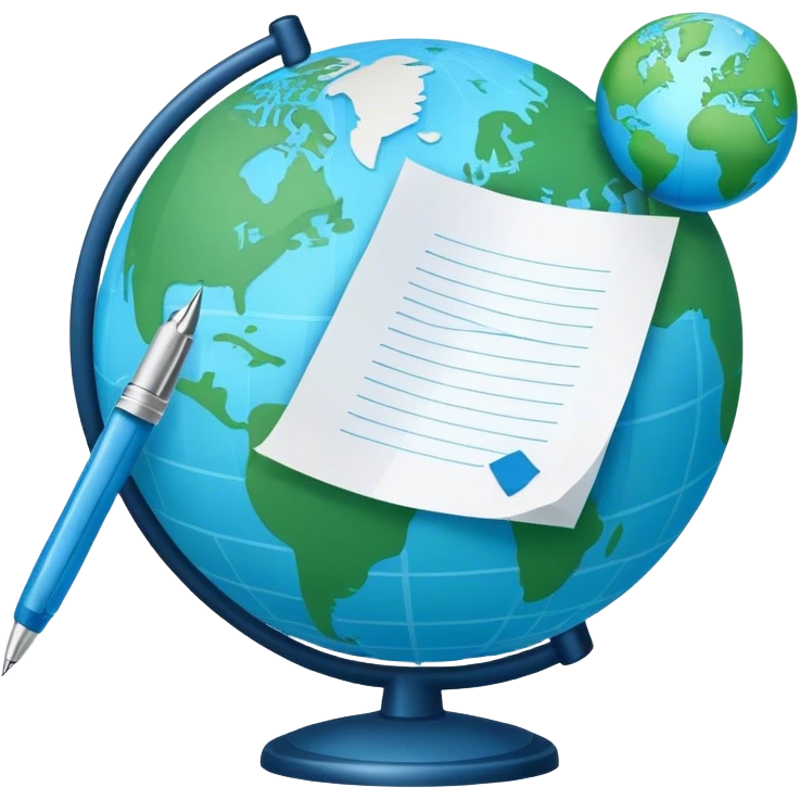 Create an emoji representing language translation. The design should feature just one globe in the background, symbolizing international communication. In front of the globe, place two books or sheets of paper with texs on them and a pen nearby to indicate the act of writing. Use a clean and professional color palette with blues, greens, and neutral tones. Make the background transparent. emoji