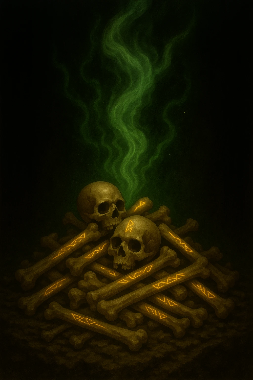Change the mystical energy to green, keep the pile of bones with glowing runes and magical atmosphere. Preserve the fantasy style with green mystical energy surrounding the bones and runes. emoji