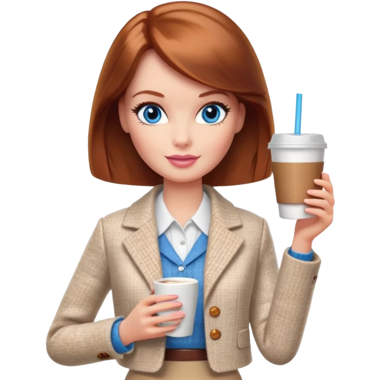 A Barbie girl with blue eyes, shoulder-length reddish-brown hair, made-up, wearing a white tweed jacket and a beige skirt, with a glass of coffee in her hands emoji