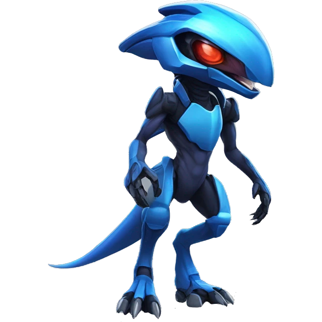 a black-blue Genesect-Raptor-Fakémon—hybrid with a futuristic visor-helmet full body emoji