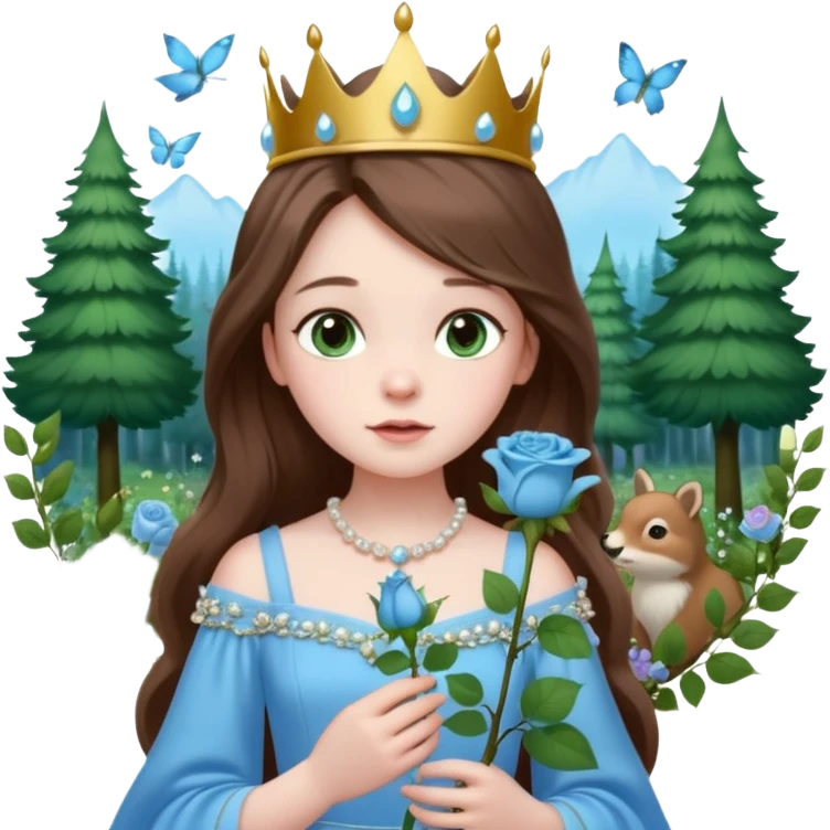 a 12 year old girl with shinny long brown hair and pretty green eyes with pale skin wearing a sky blue gown in a beautiful forest with adorable animals and stunning roses and lilacs surrounding her as she smells the only sky blue rose she is also wearing a crown that has pearls emoji