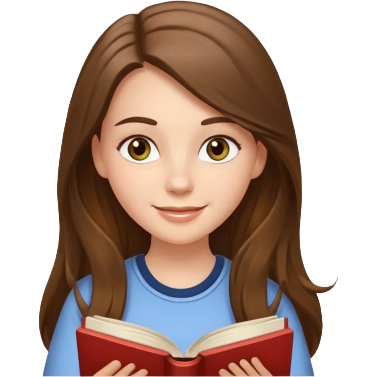 happy white long brunette hair girl with hazel eyes wearing light reading a book  emoji