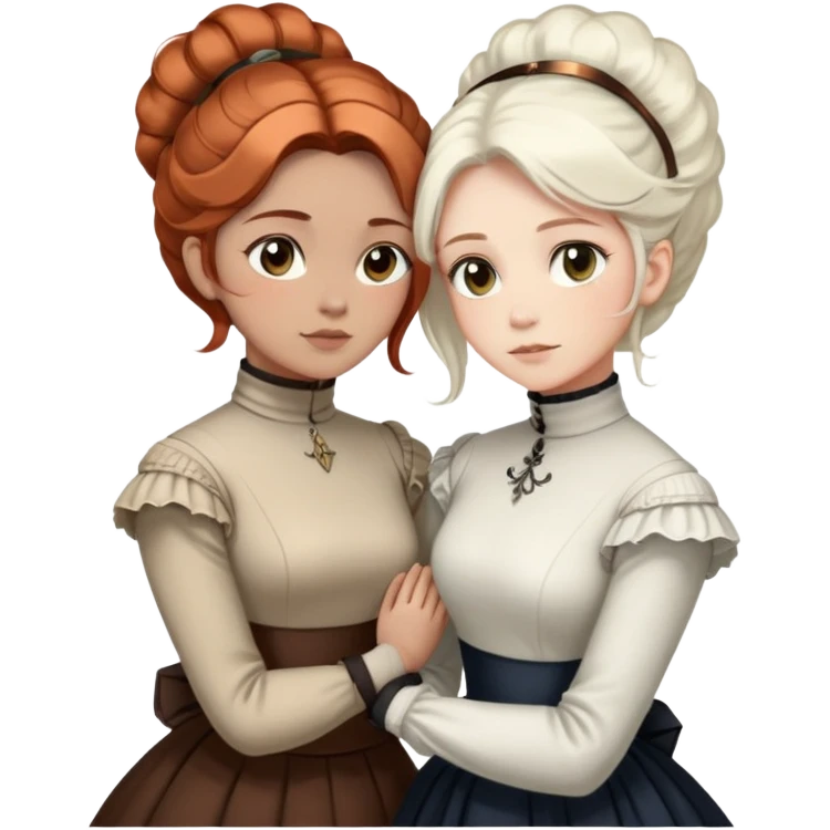Two Victorian women with light eyes standing close together, one with bright pure white coiffed hair and one with dark copper coiffed hair, both wearing Victorian turtleneck dresses with their arms wrapped tightly around each other emoji