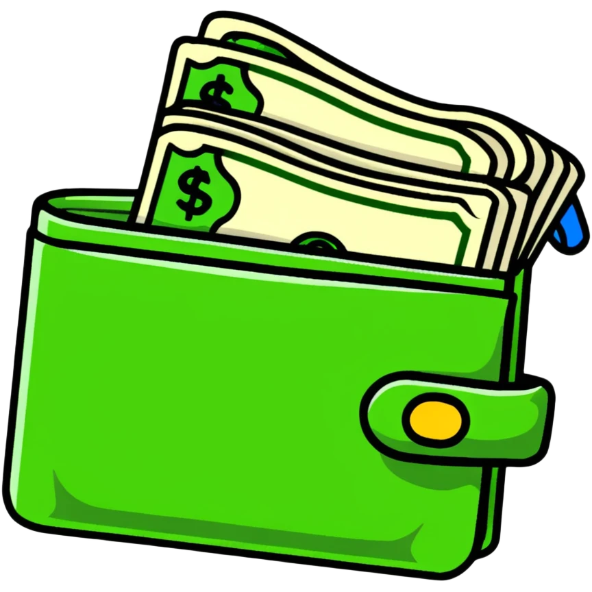 Wallet with dollar bills and savings emoji