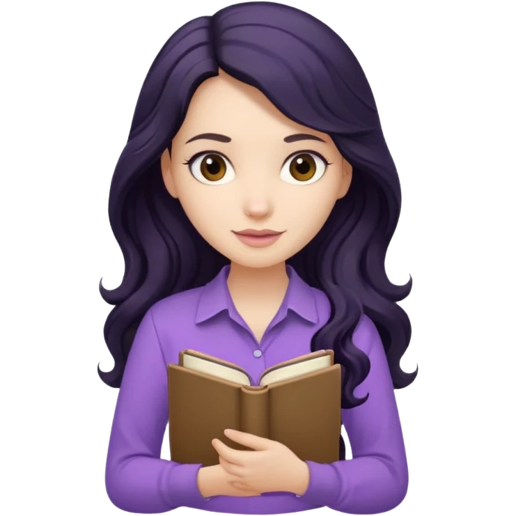 Long Hair Women with Black wavy hair, with purple Book, beige shir, without background emoji