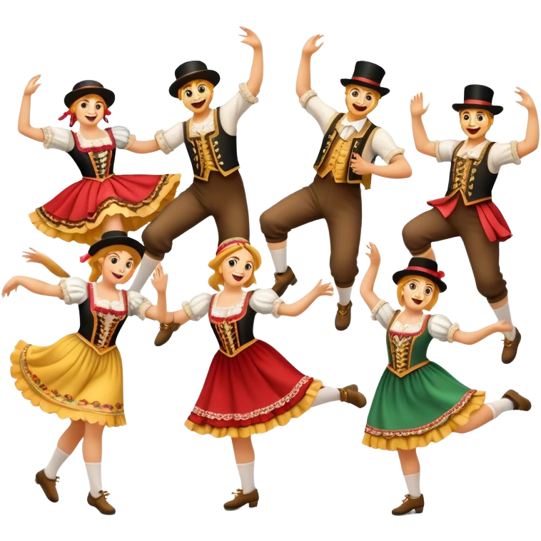 Cinematic Realistic Schuhplattler Dance Emoji, depicted as a lively traditional folk dance scene with performers in authentic Bavarian costumes, rendered with dynamic textures and festive natural lighting that captures the spirit of rural celebration. emoji