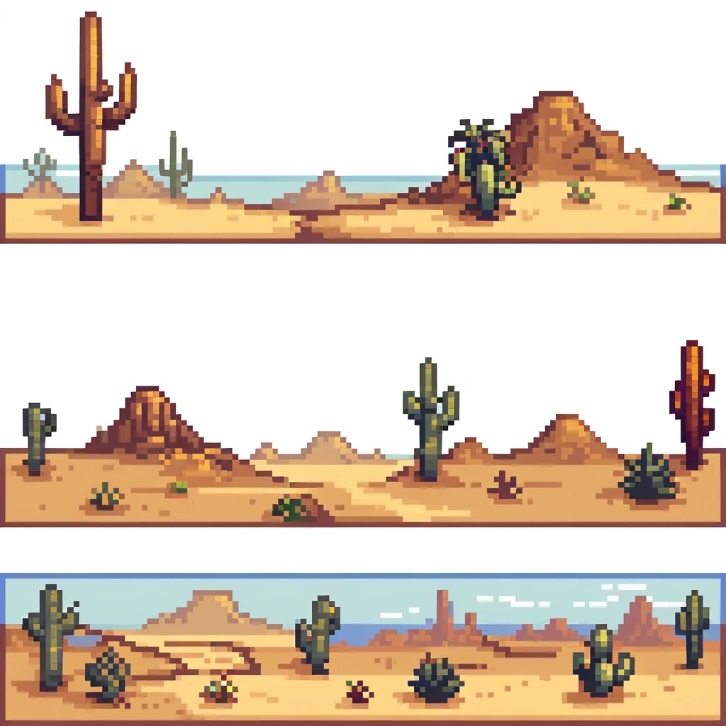 desert tile set with sand dunes, cacti, rocky formations, oasis with palm trees, desert shrubs, and ancient ruins emoji