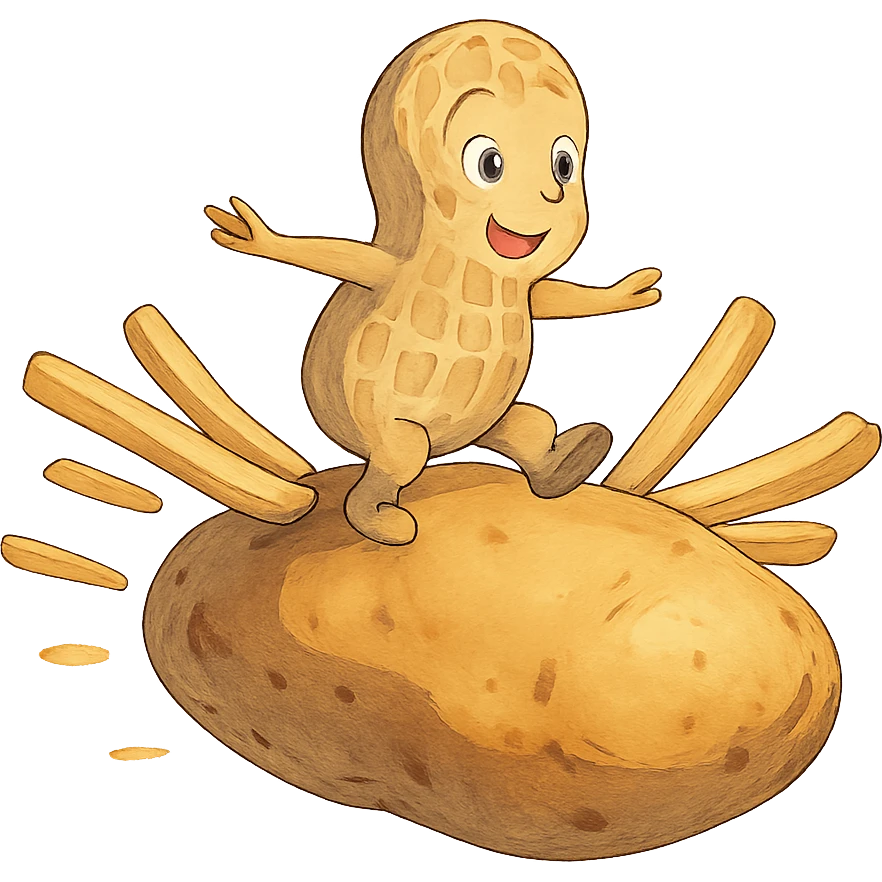 ghibli style peanut flying on a potato with fries emoji