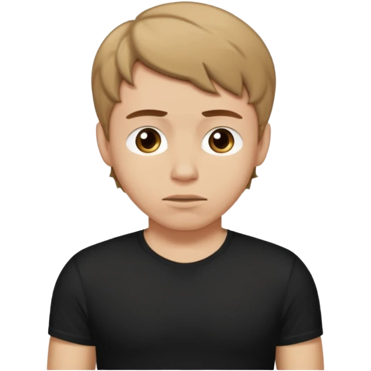 A Man with a sorry expression. He has short wavy light-brown hair and wearing a black t-shirt, and a visible bulge on the groin area molding his testicles. emoji