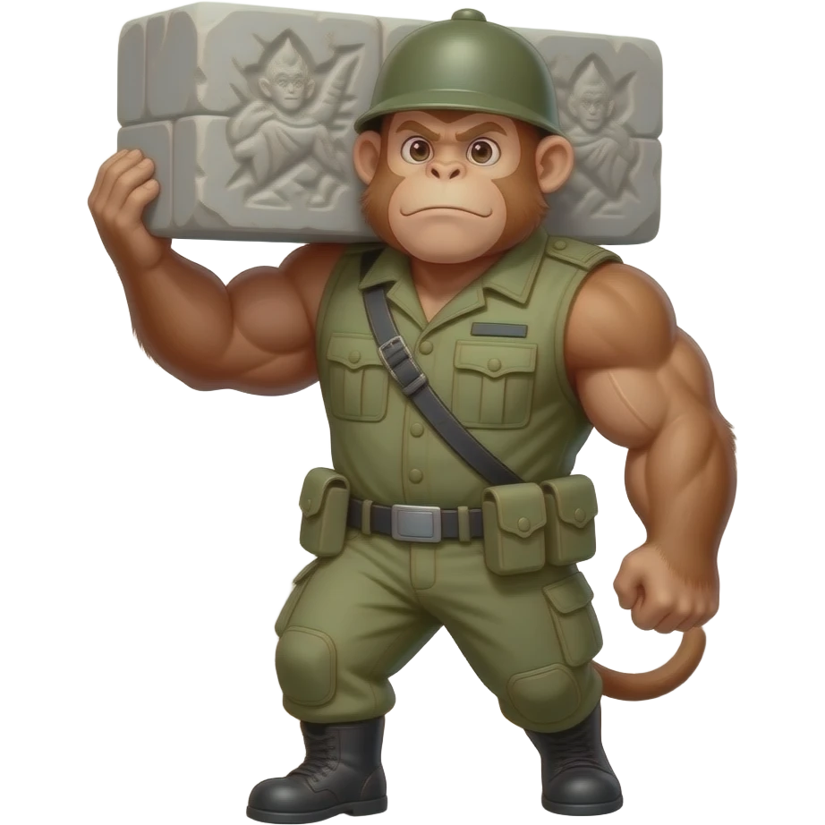 A heavy-set Thai monkey soldier (Basic), carrying a large carved stone block, strong muscles, building a wall, construction background, card game style. emoji