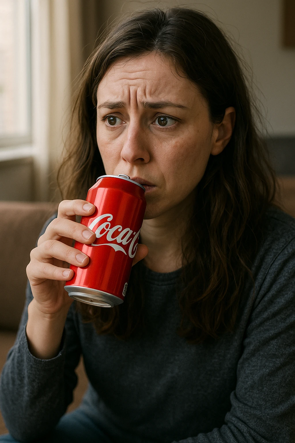 donna con ansia. Che beve coca cola. Immagini realistiche emoji