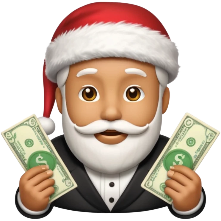 A confident rich emoji face wearing a Santa hat, money stacks, casino vibe, New Year theme, premium 3D emoji style, sharp details, no text, isolated on transparent background emoji
