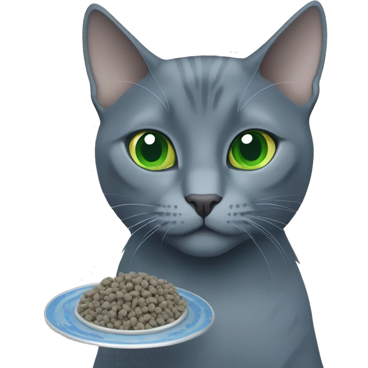 Russian Blue with blue,green eyes, eating cat food emoji