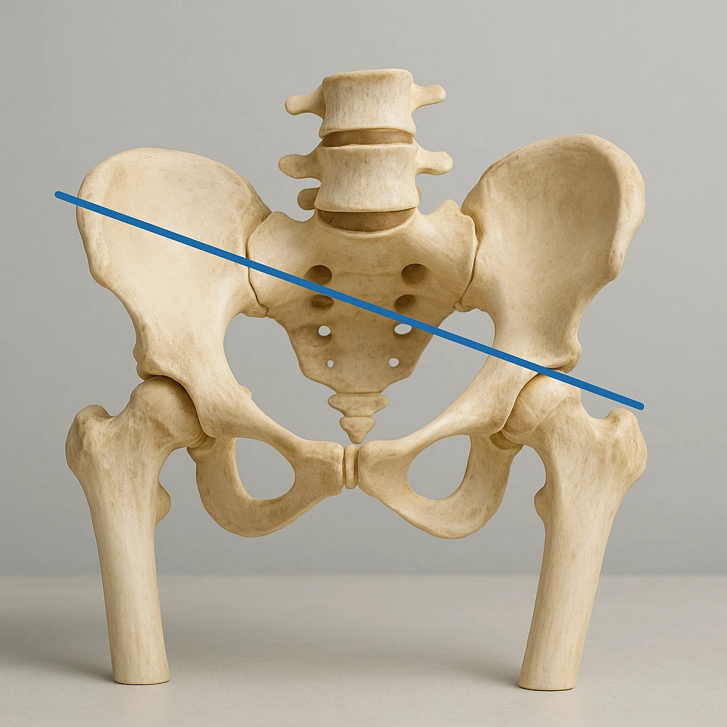 realistic human pelvis tilted, 4K image, anatomical details, marked lateral tilt, front view, clinical atmosphere, neutral background emoji