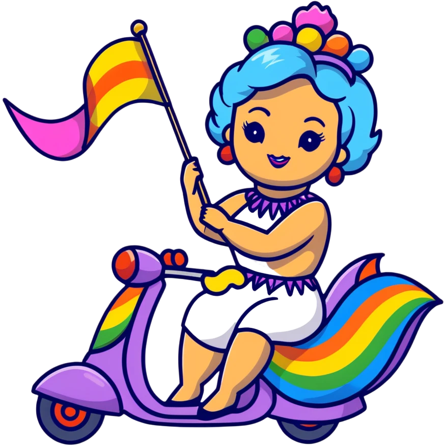drag queen riding a whimsical alebrije, holding an LGBTQ flag, cartoonish sticker style emoji