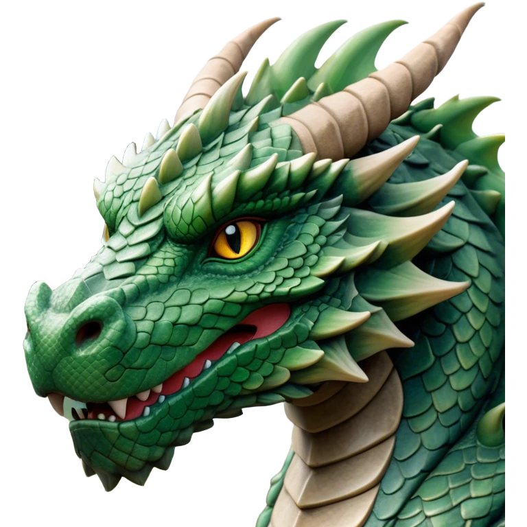 Cinematic Noble Giant Green scaled Dragon Portrait Emoji, Poised and awe-inspiring, with a massive, rugged form carved from ancient stone, featuring intricately textured scales that resemble weathered granite and basalt, and piercing, stony eyes echoing the strength of timeless mountains; rendered with lifelike detail and earthy natural highlights, high shine, formidable and grounded, styled with an aura of primordial majesty, focused and resolute, soft glowing outline, capturing the essence of an enduring rock titan ready to surge from the screen with ageless power! emoji