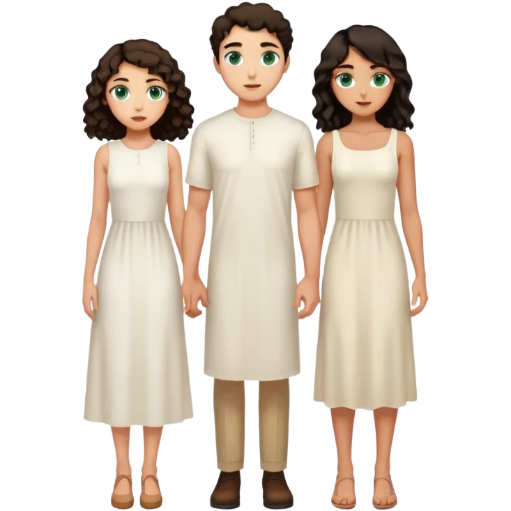 One tall man with light skin, green blue eyes, short straight dark hair and one girl with tan skin and long curly dark hair and brown eyes wearing a white midi dress  emoji