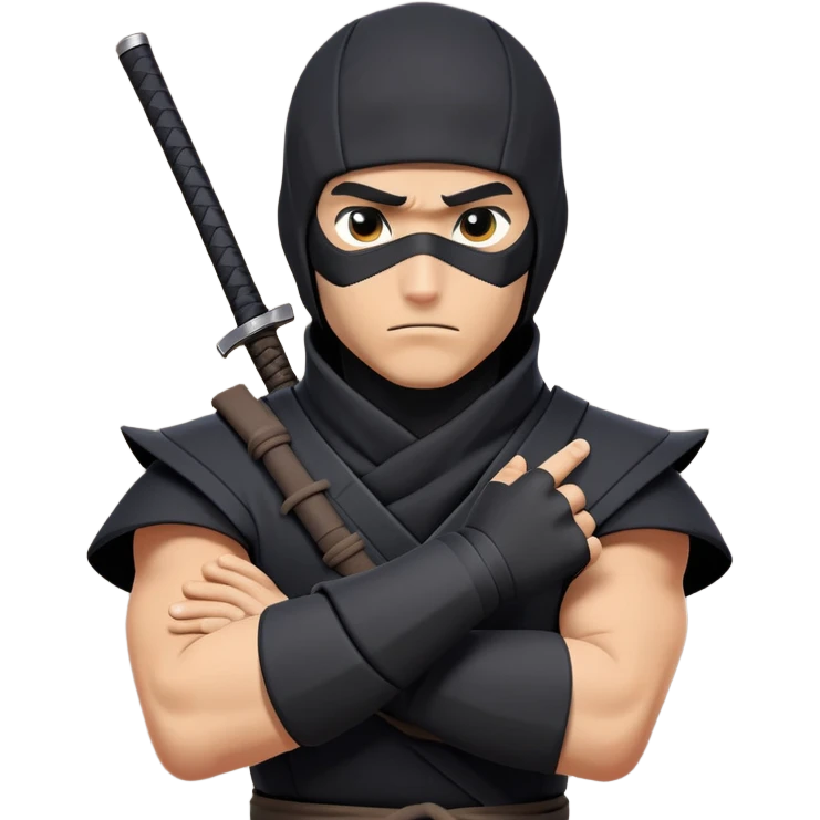 clash-of-clans-aesthetic_-cinematic-mysterious-male-ninja-portrait-emoji, rendered in a flat, vector-style with minimal shading and bold, simplified shapes, his arm is stretched out  with a head slightly turned revealing intense, focused eyes. the ninja has his arm out and perched on top of his forearm is  a black crow emoji