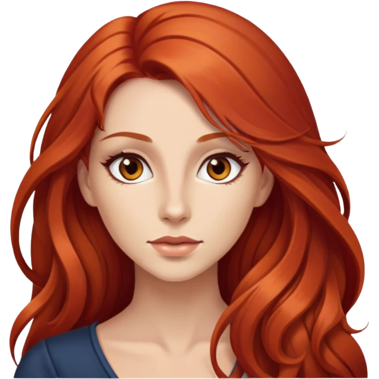 Une magnifique femme avec des cheveux long roux, yeux marrons belle comme une déesse  emoji