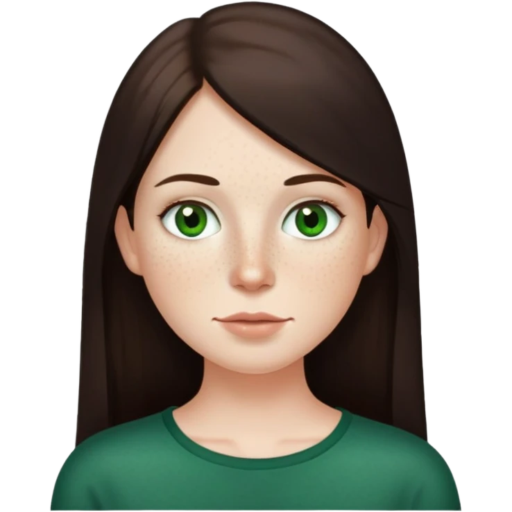 Me with white freckled skin with dark long brown straight hair , green eyes, thin top lip big bottom lip mole on the right side of my chin  emoji