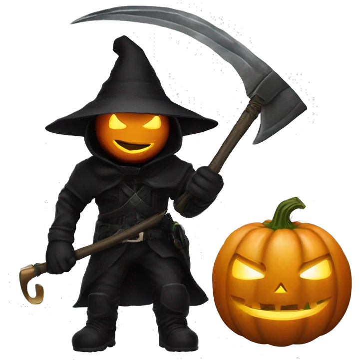 Human pumpkin hunter with a scythe, glowing pumpkin eyes inside a black helmet, Halloween theme, emoji" emoji