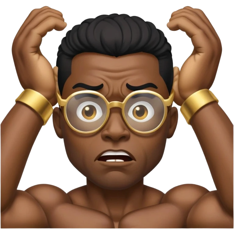 black bodybuilder with gold glasses frustrated pulling hair emoji