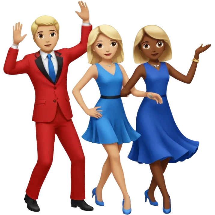 Two people dancing. A man wearing red with light skin and blonde hair. A women wearing bue with dark skin and brown hair. emoji
