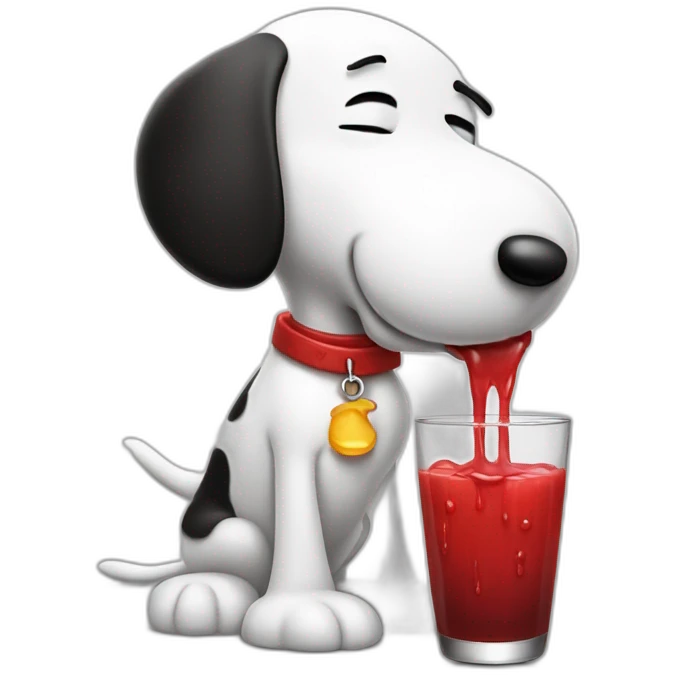 Snoopy with red juice on face dripping from mouth, angry emoji